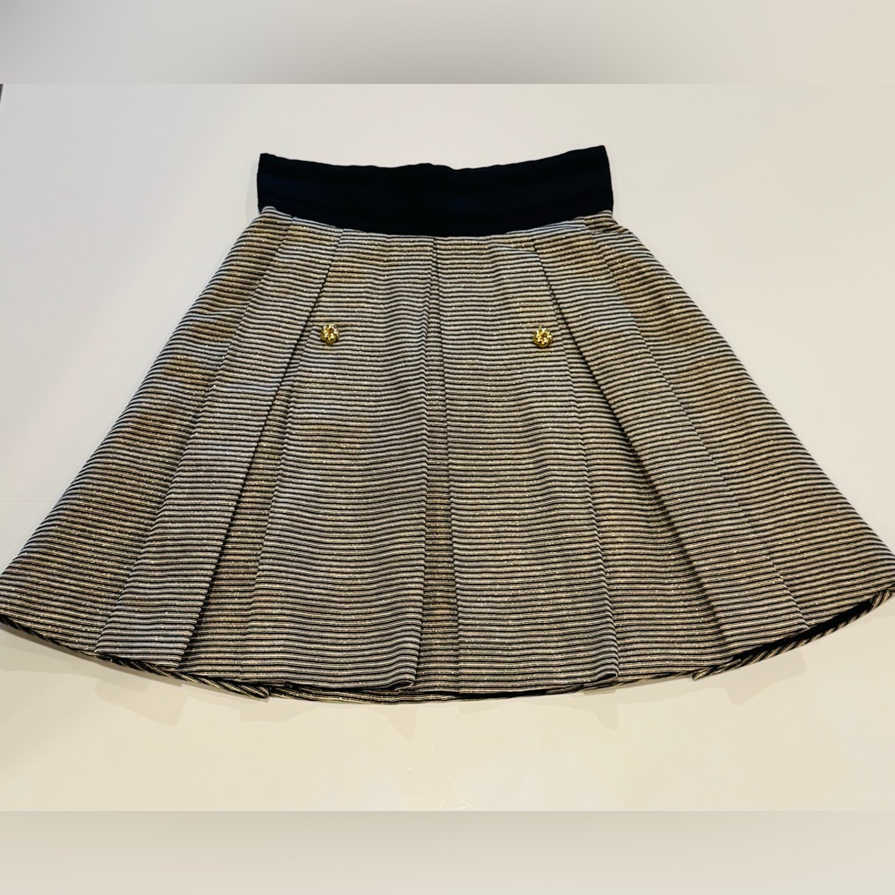 Jennifer Chun Pleated Silk Blend Gold Black White Skirt w/ Pockets Size 4 - Picture 2 of 16
